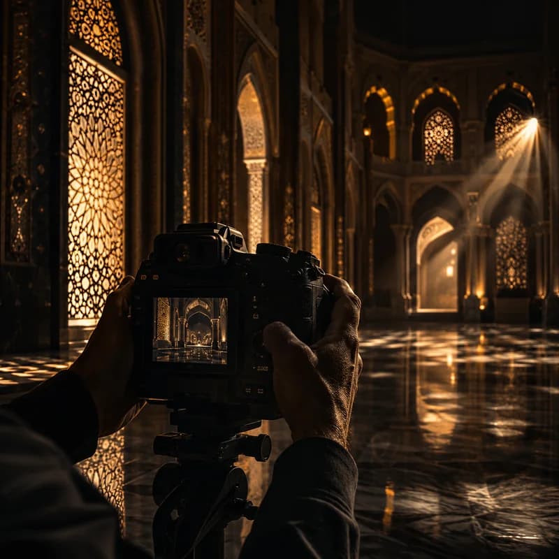 Cinematic night scene of a mosque interior with golden light beams