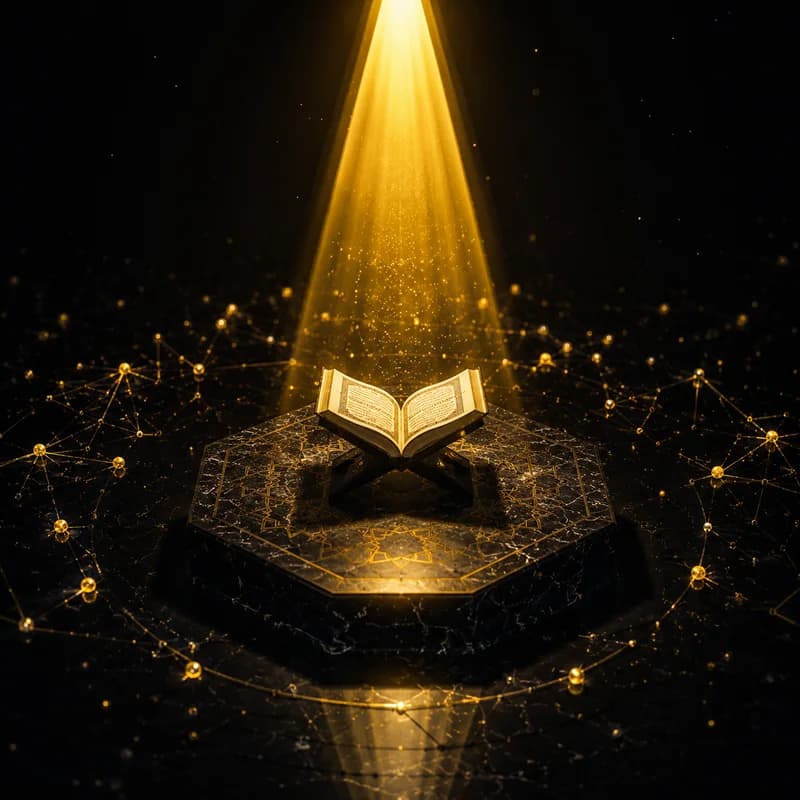 Golden searchlight illuminating an open Quran on dark marble