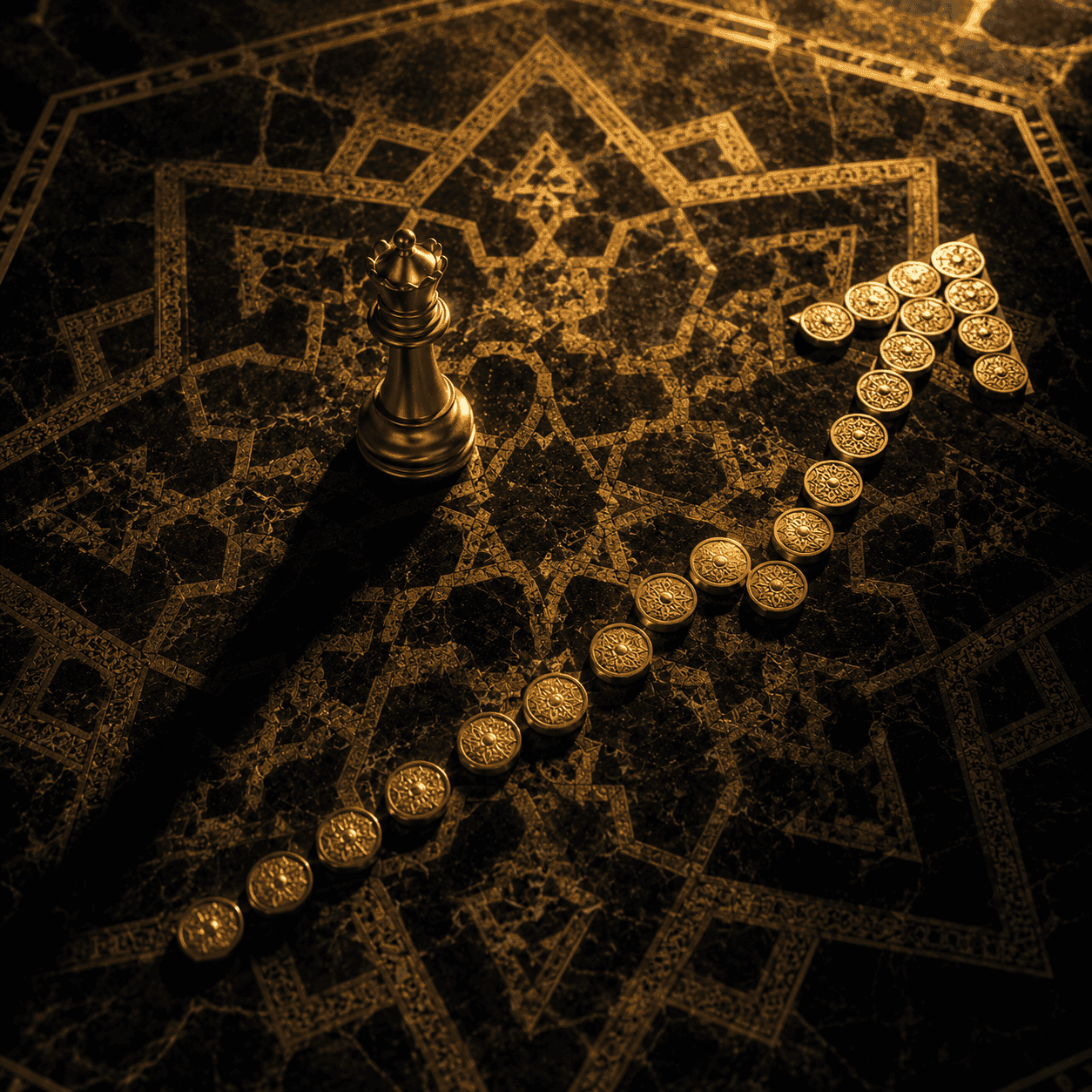 Islamic geometric mosaic with golden chess piece and upward trend