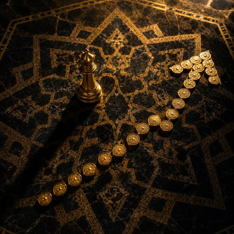 Islamic geometric mosaic with golden chess piece and upward trend